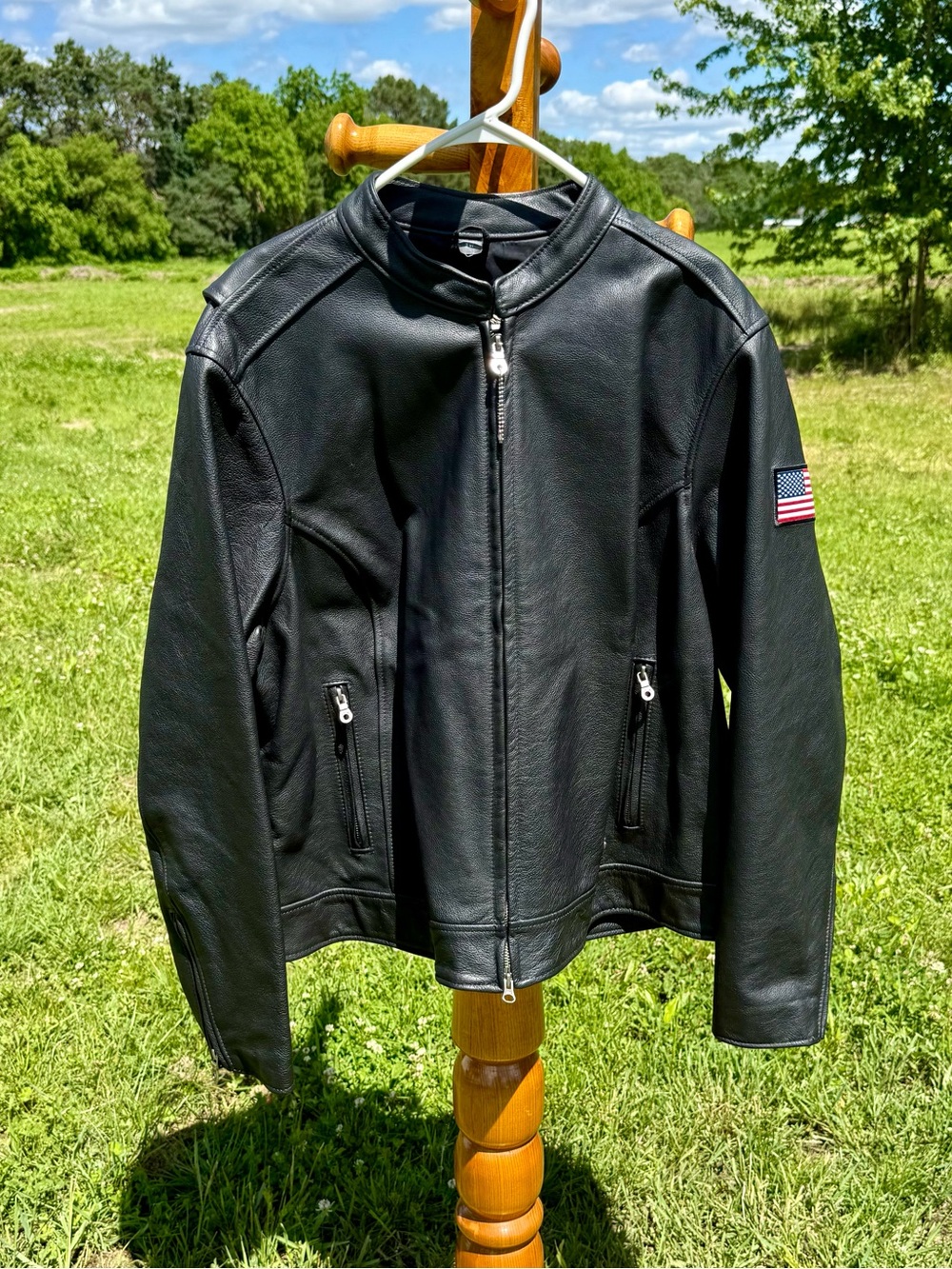Harley-Davidson Black Leather Bomber Jacket with American Flag Patch